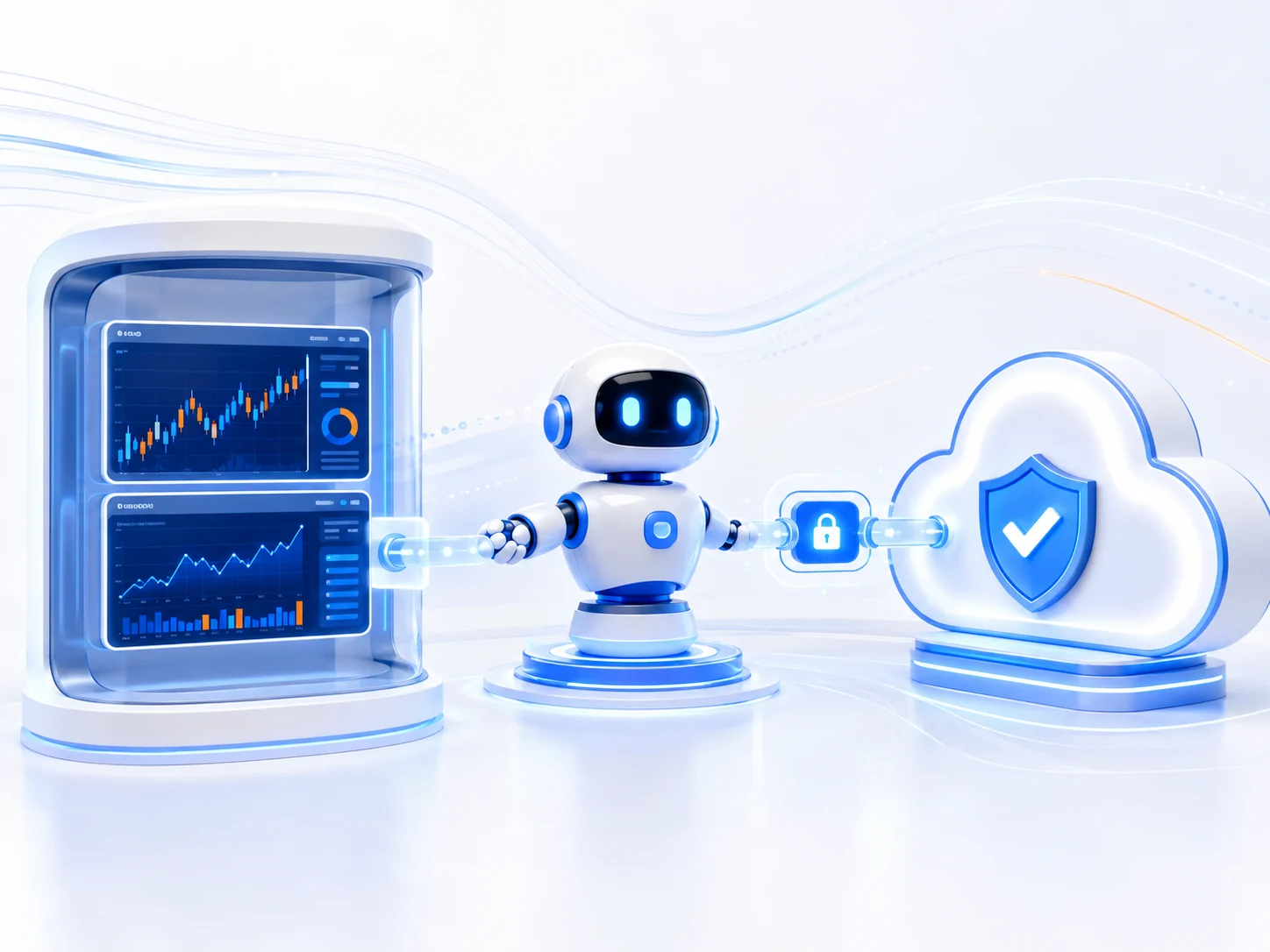 A robot connecting a trading chart to a rule system in a blue-white workspace