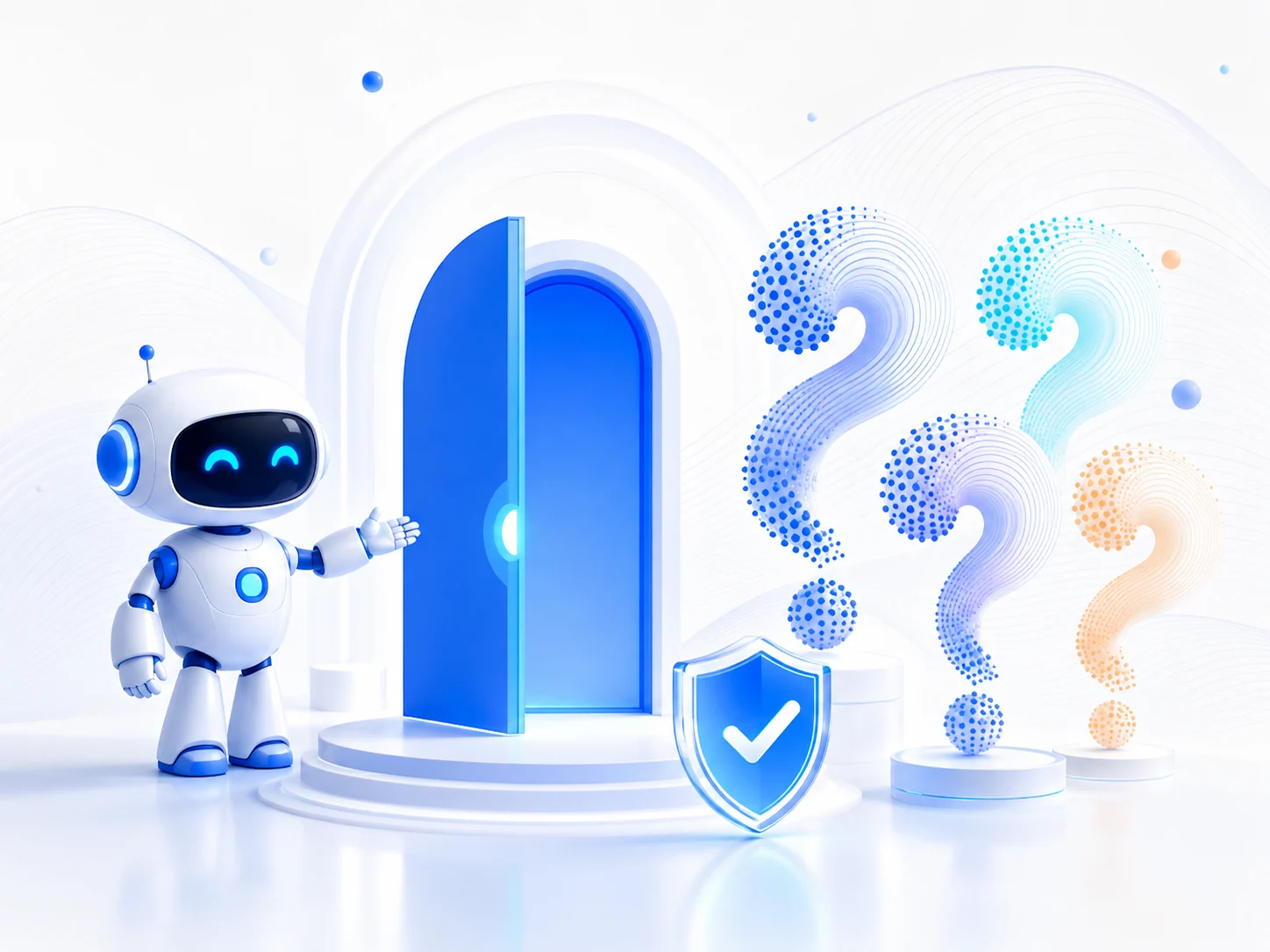 A robot guide beside a secure doorway and three question sculptures
