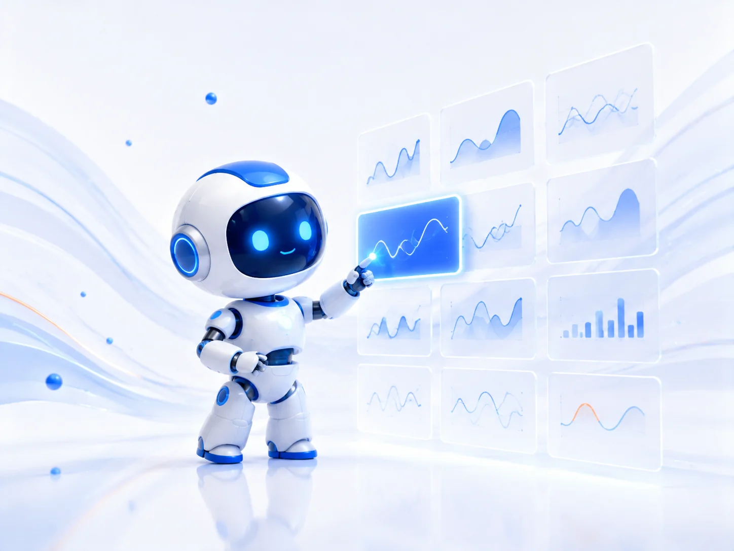A robot selecting a chart module from a blue-white indicator library