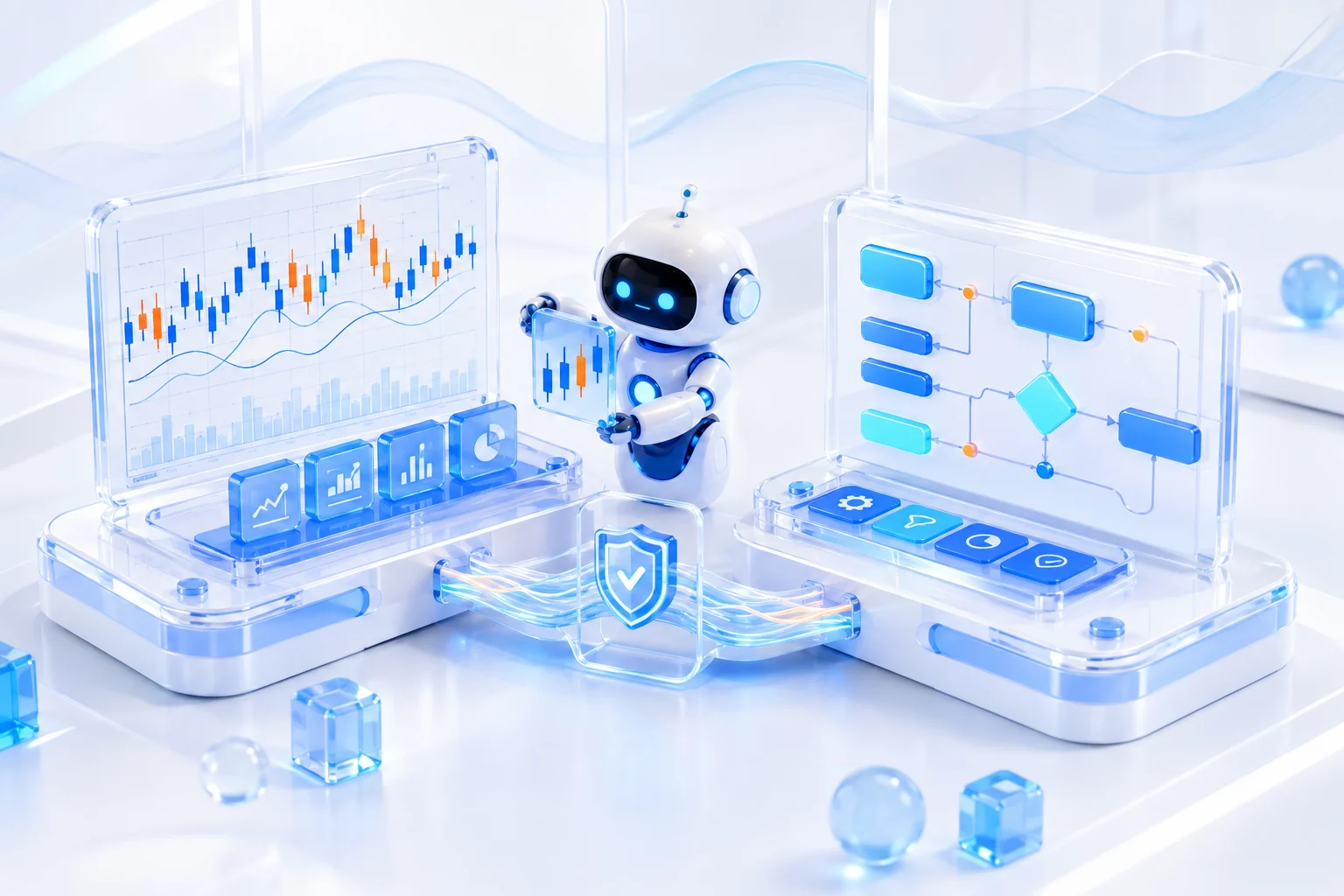 A blue-white MetaTrader workspace with charts and rule flow