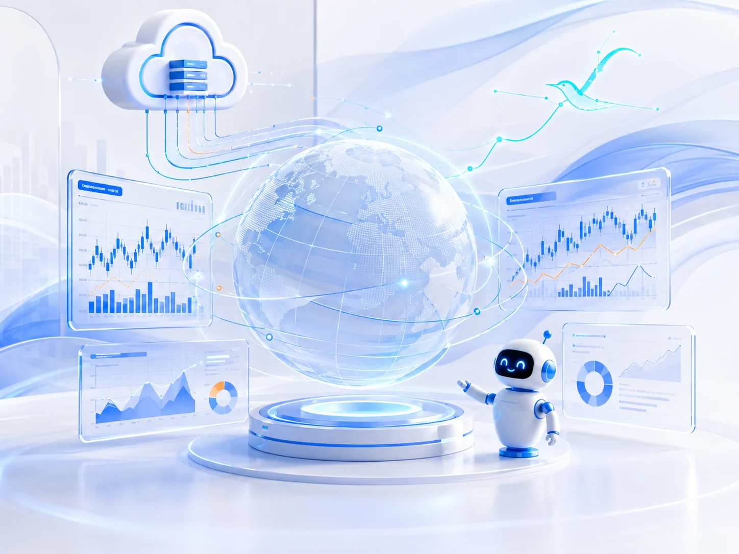 A blue-white global stock workspace with a secure cloud